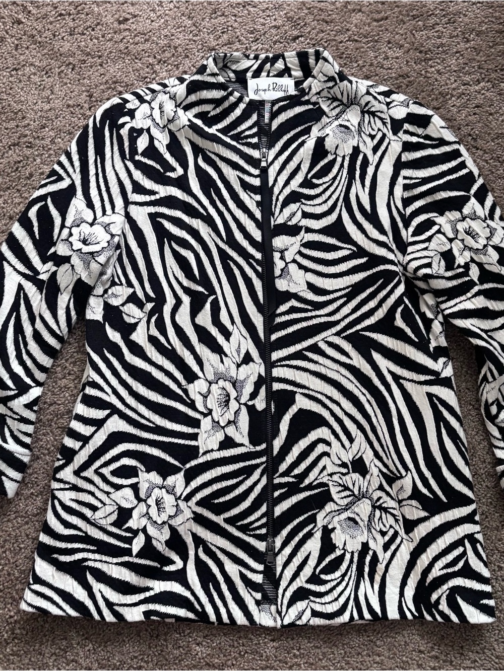 Joseph Ribkoff Black and White Floral Zebra Zip Jacket